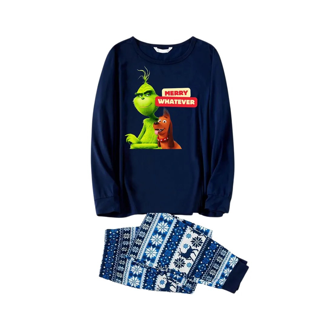 Cartoon Pattern and "Merry Whatever" Text Printed Blue Top Navy Blue Plaid Pants Family Matching Pajamas