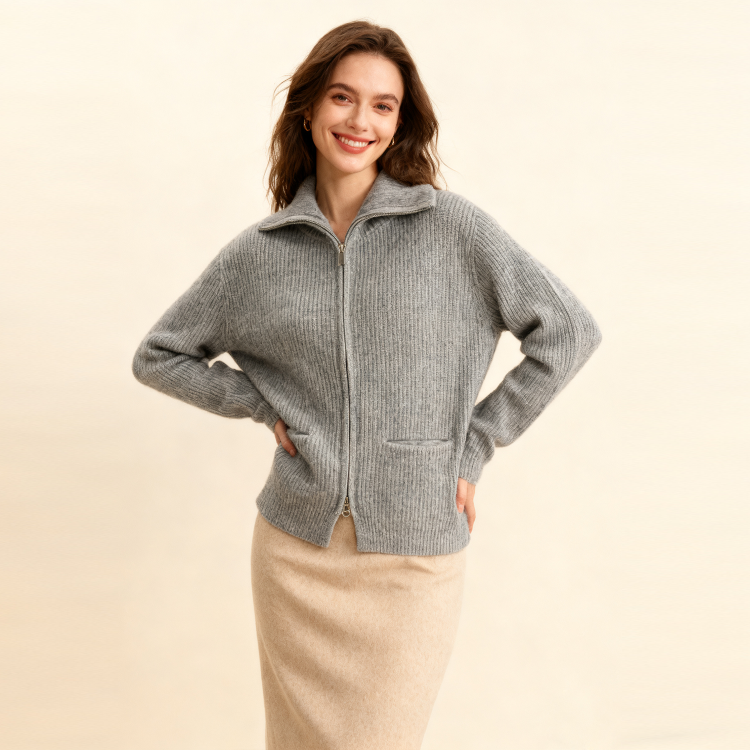 Women's Zipper Lapel Cashmere Jacket REAL SILK LIFE