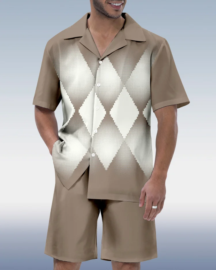 Suitmens Men's  Gradient Geometry Short Sleeve Casual Shirt Set  0351