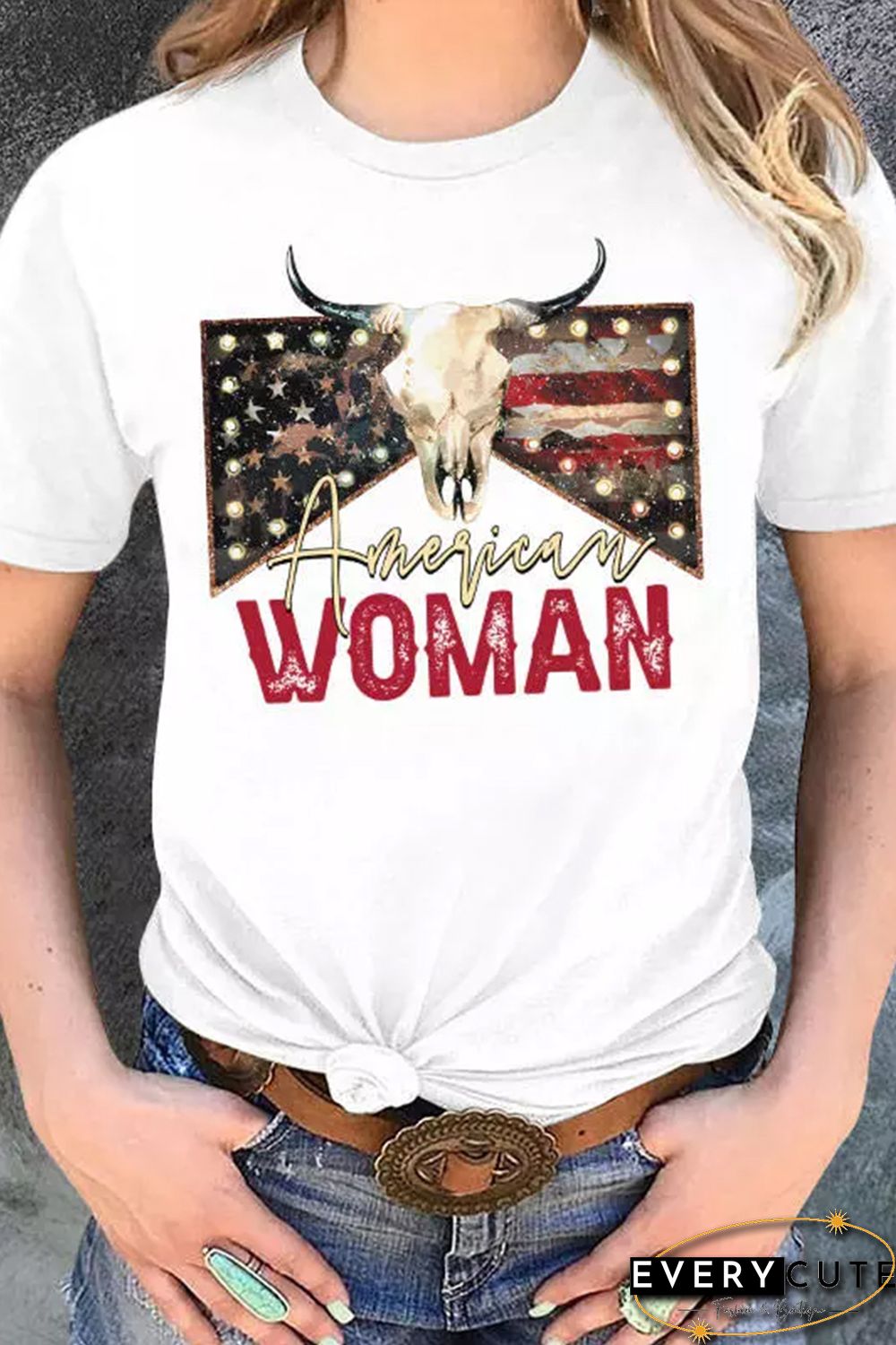 White American Woman Cow Skull Print Graphic T Shirt
