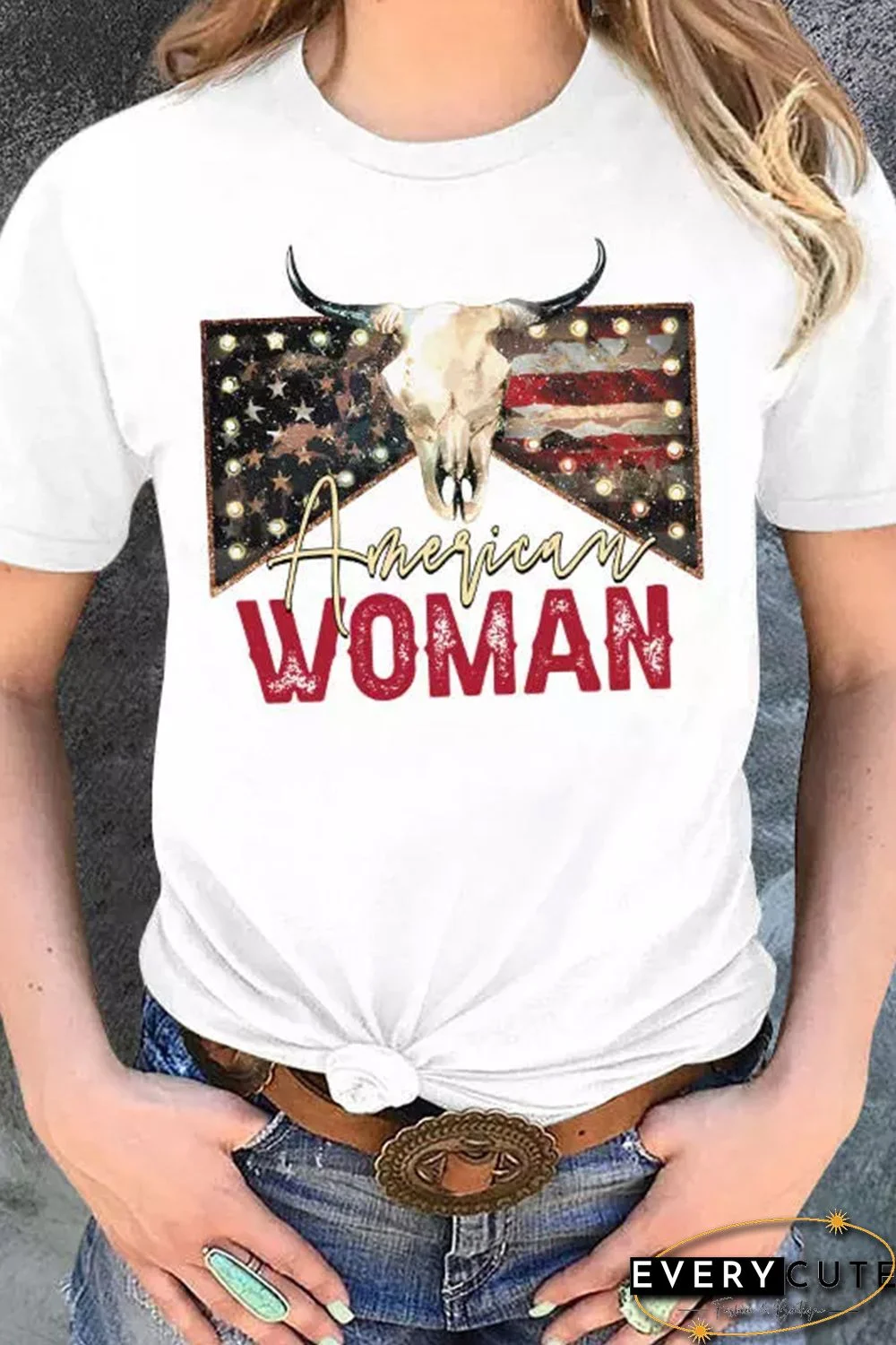 White American Woman Cow Skull Print Graphic T Shirt