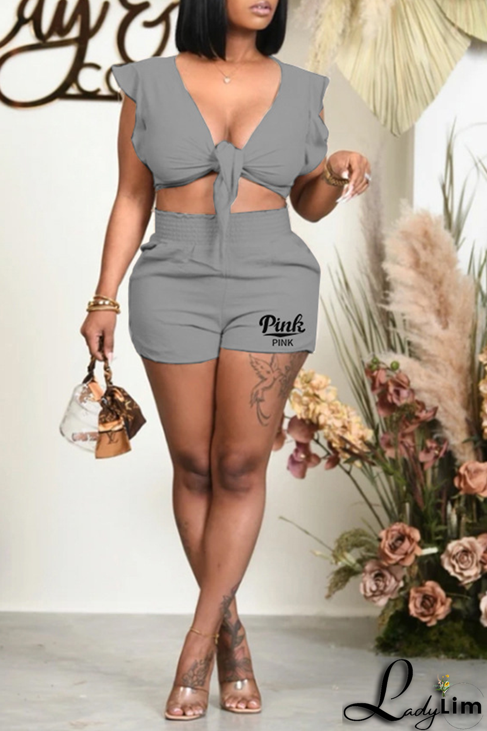 Purple Sexy Print Bandage V Neck Two Pieces