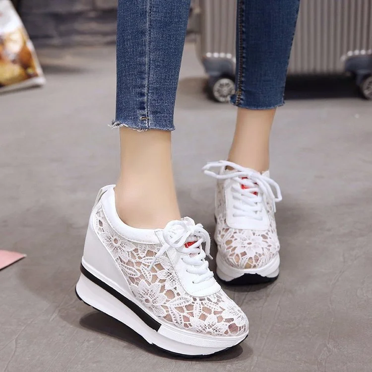 Tanguoant Tanguoant White Shoes Women's Shoes Fashion Lace Breathable Lace Inside The Increased Casual Women's Shoes Sports Shoes Tide