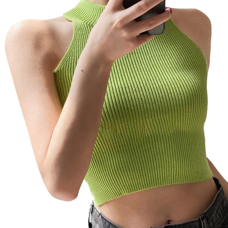 Abebey Women Ribbed Halter Tank Tops, Adults Sleeveless Solid Color Round Neck Knit Crop Tops