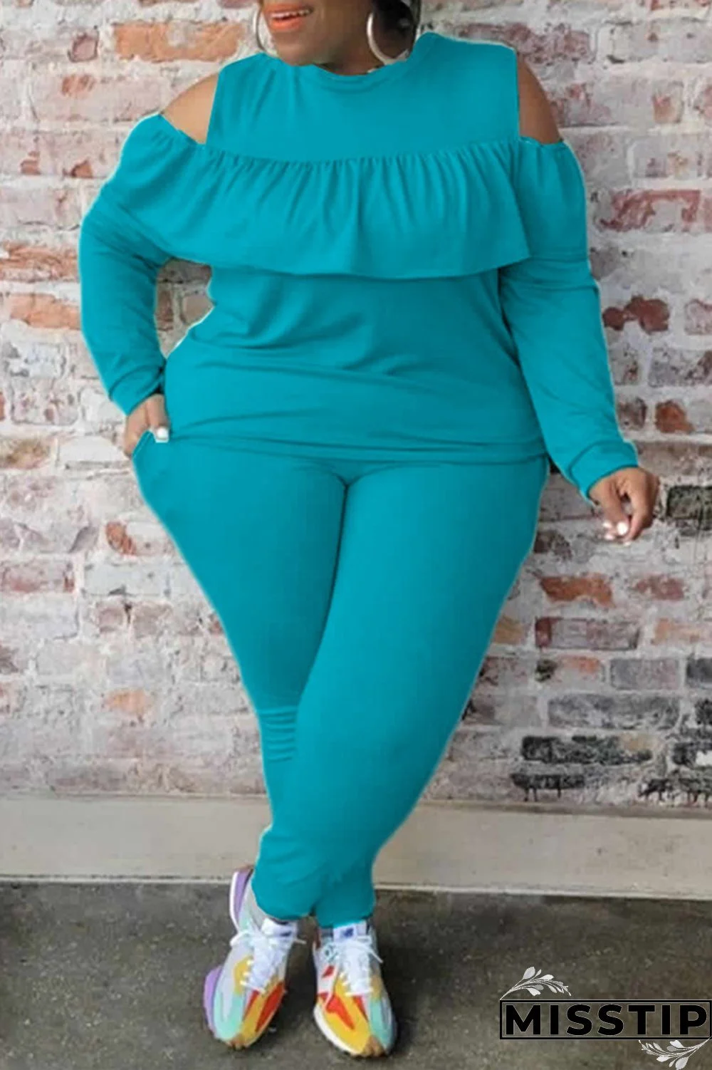 Black Fashion Casual Solid Hollowed Out O Neck Plus Size Two Pieces