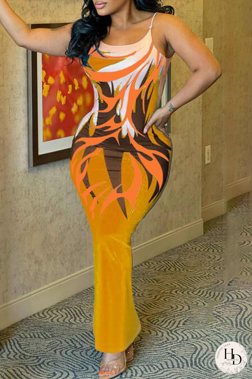 Ginger Fashion Sexy Print Backless Spaghetti Strap Long Dress