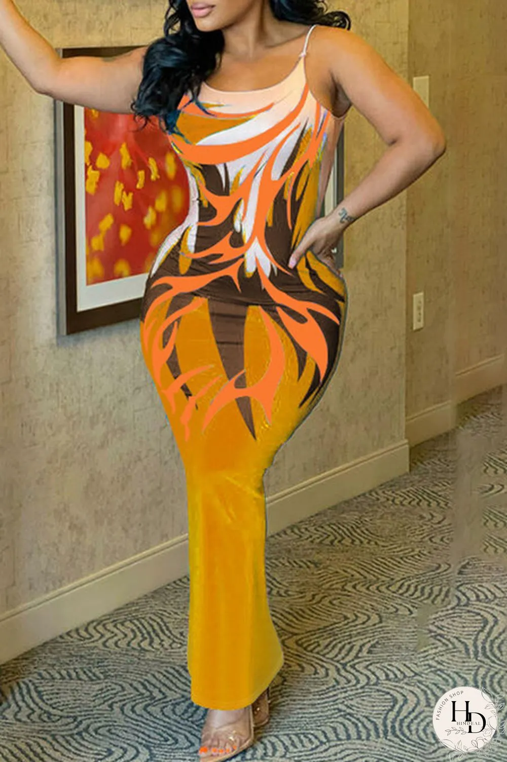 Ginger Fashion Sexy Print Backless Spaghetti Strap Long Dress