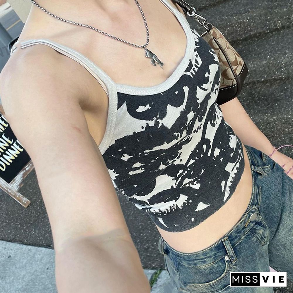 Gothic Portrait Print T-Shirt Aesthetic Y2K Crop Tops Short Sleevle Vest Tees Harajuku Streetwear White Suspenders Women Clothes