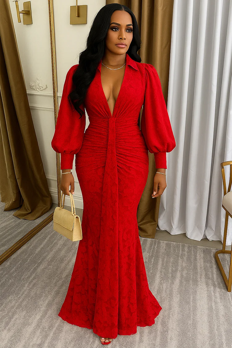 V Neck Bell Sleeve Jacquard Party Maxi Fishtail Dresses-Red [Pre Order]