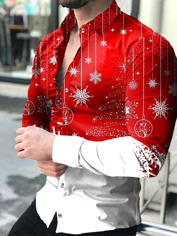 Men Long Sleeve V-neck Christmas Graphic Printed Buttons Shirts