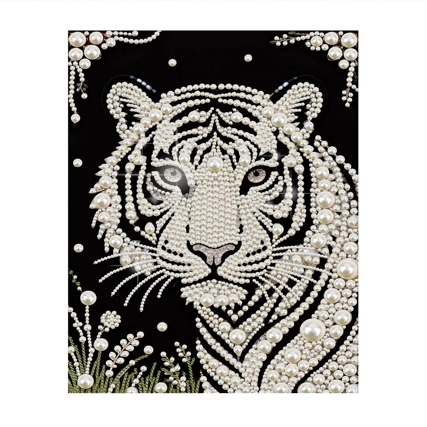 White Tiger Portrait on Black - Pearls Painting