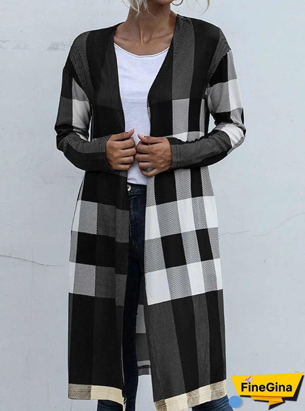 Casual Plaid Stitching Buttonless Long-Sleeved Cardigan