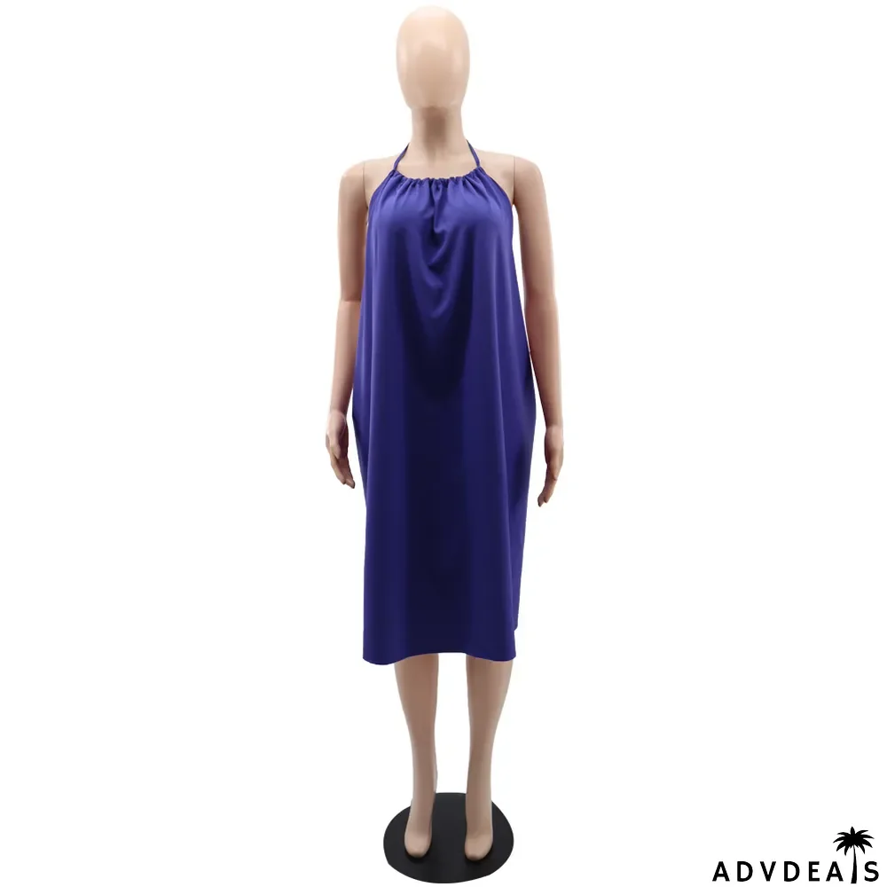 Sleeveless Sexy Low Back Tie Slim Waist Gown Chic Halter Neck Dress