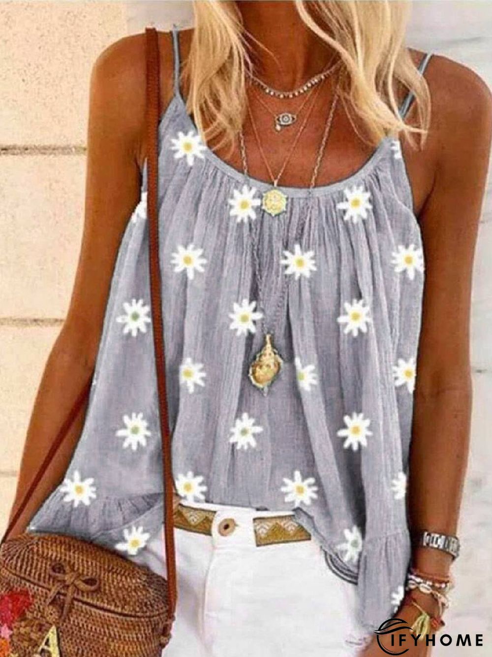 Sleeveless Floral-Print Casual Spaghetti T-shirt | IFYHOME