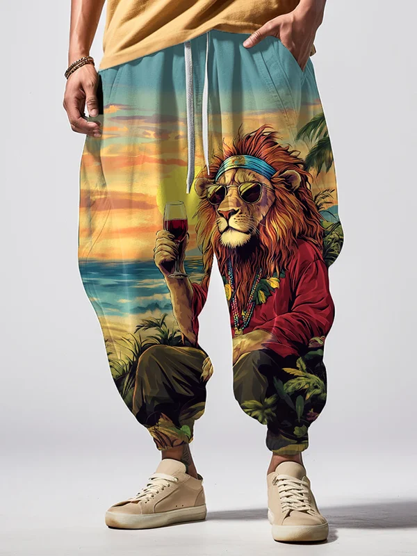Men's Reggae Soul Lion Drinking Red Wine At The Beach Print Loose Drawstring Waist Sweatpants