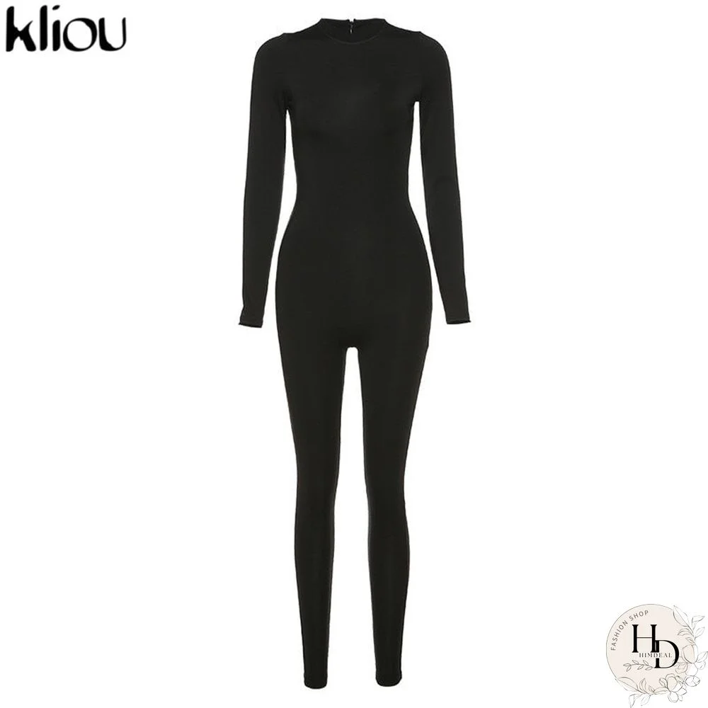 Kliou Solid Black/Gray Long Sleeve Skiing  Jumpsuit Women Elastic Hight Outfit Fashion Fitness Sportwear Slim Rompers Streetwear