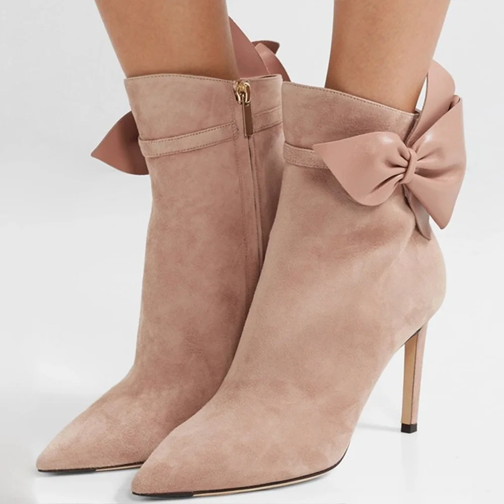 Beige Faux Suede Closed Pointed Toe Bow Ankle Boots With Stiletto Heels Nicepairs