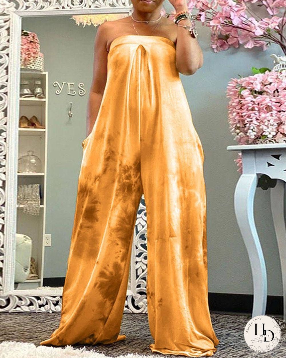 Tie Dye Print Bandeau Ruched Jumpsuit