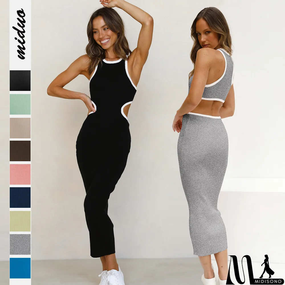 MidiSono - Fashionable round neck pullover tight hollow open back sexy racer dress bodycon midi skirt