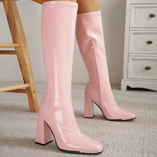 Striking Square Toe Patent Leather Block Heel Knee High Boots-Pink