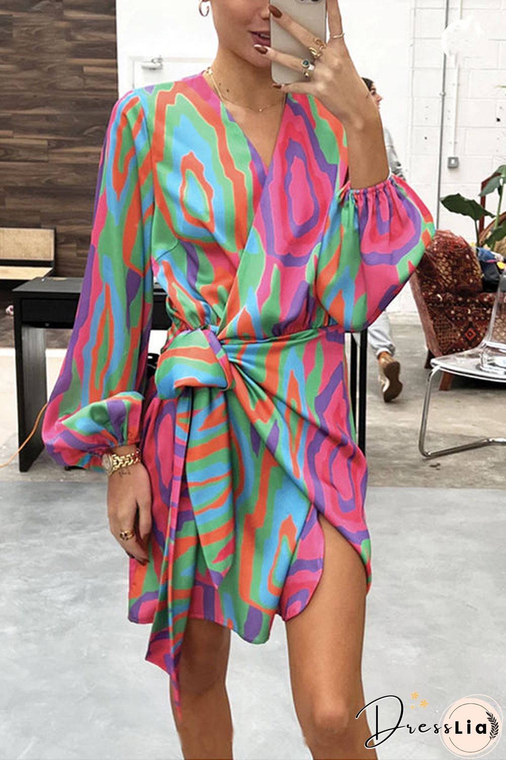 Print Long Sleeve Wrap Mini Dress