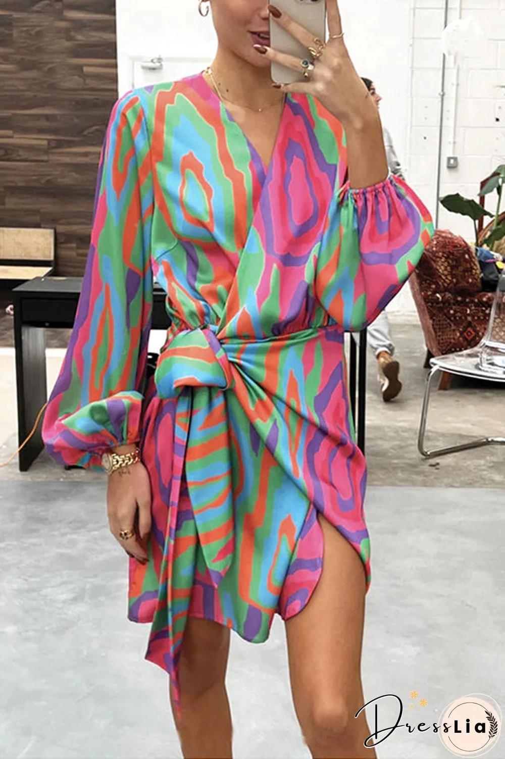 Print Long Sleeve Wrap Mini Dress