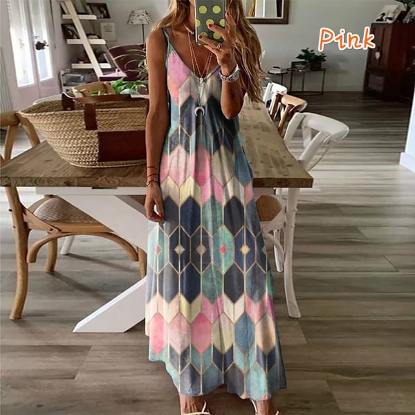 XS-8XL Spring Summer Dresses Plus Size Fashion Clothes Women's Casual Sleeveless Dresses Cotton Halter Party Dress Ladies V-neck Geometric Printed Dress Off Shoulder Beach Wear Maxi Dress - Shop Trendy Women's Clothing | LoverChic
