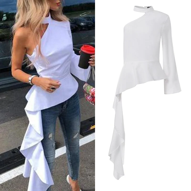 Women Blouse VONDA 2022 Ladies Off Shoulder Asymmetric Long Shirts Sexy One Sleeve Irregular Office Tops Bohemian Blusas