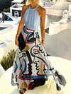 Fashion Patchwork Abstract Face Print Halter Sleeveless Maxi Dress