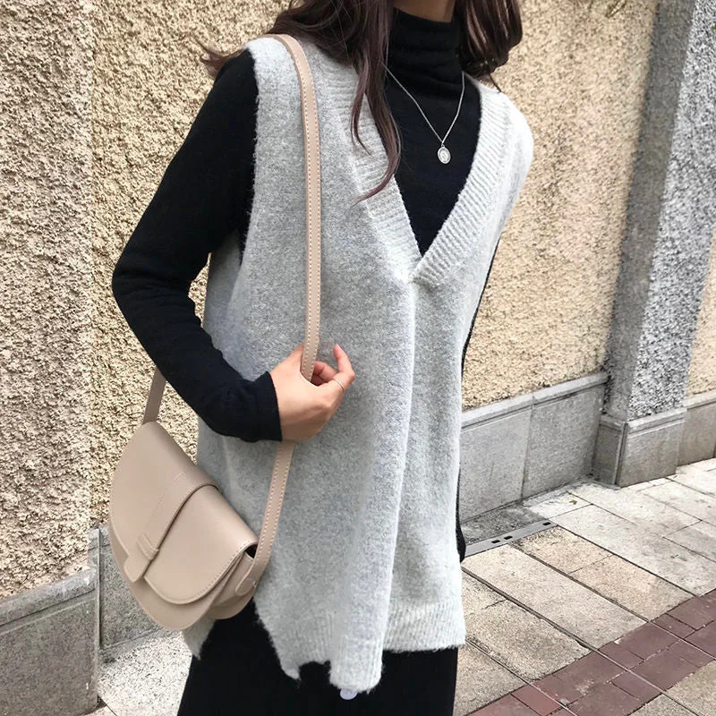 V-neck Solid Retro Women Sweater Vest Pullover Ulzzang Students Elegant Warm Outwear Tops Leisure Trendy Chic Knitted Spring New