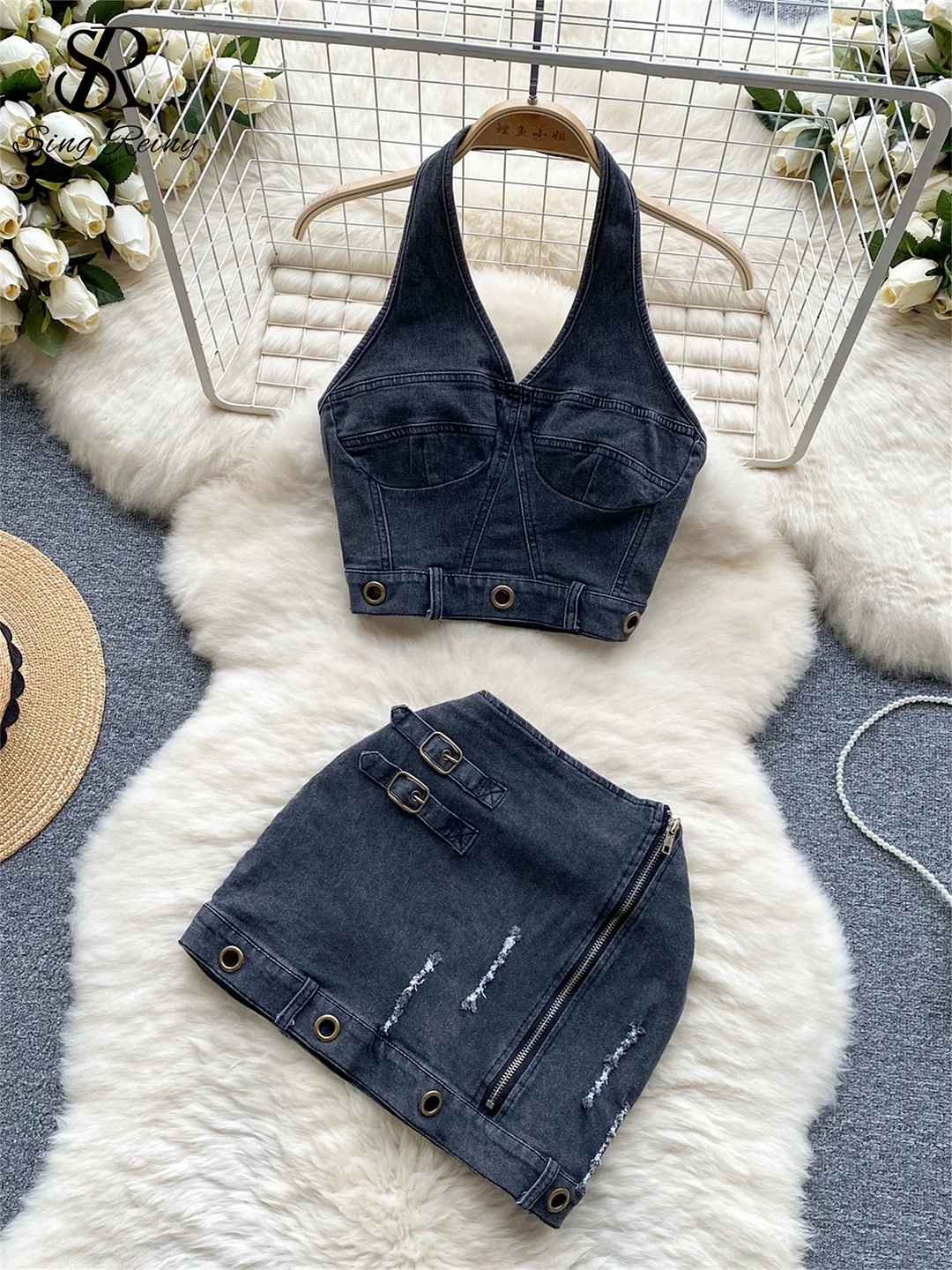 Huibahe Trend High Street Denim Suits Backless Sleeveles Halter Y2K Top+ Zipper Pleated Mini Skirt Hollow Out Two Pieces Sets