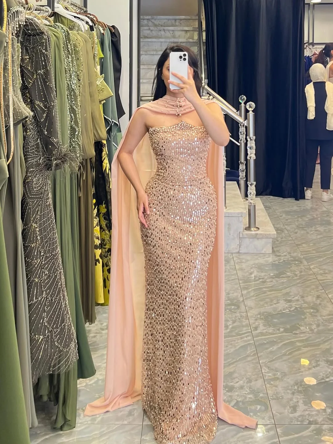 Pearl Pink Straight Across Sleeveless Beaded Mermaid Prom Dress With Scarf YK0280