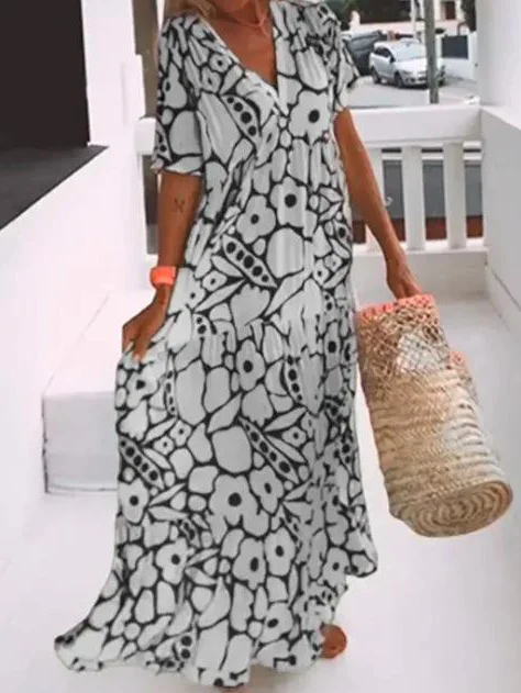 Style & Comfort for Mature Women Women Short Sleeve V-neck Printed Maxi Beach Dress