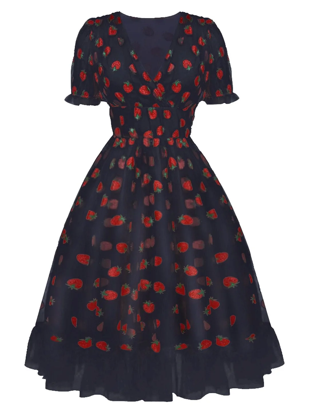 Navy Blue 1950s Lace Strawberry Swing Dress