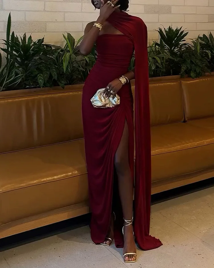 Women's solid color halter neck slit dress