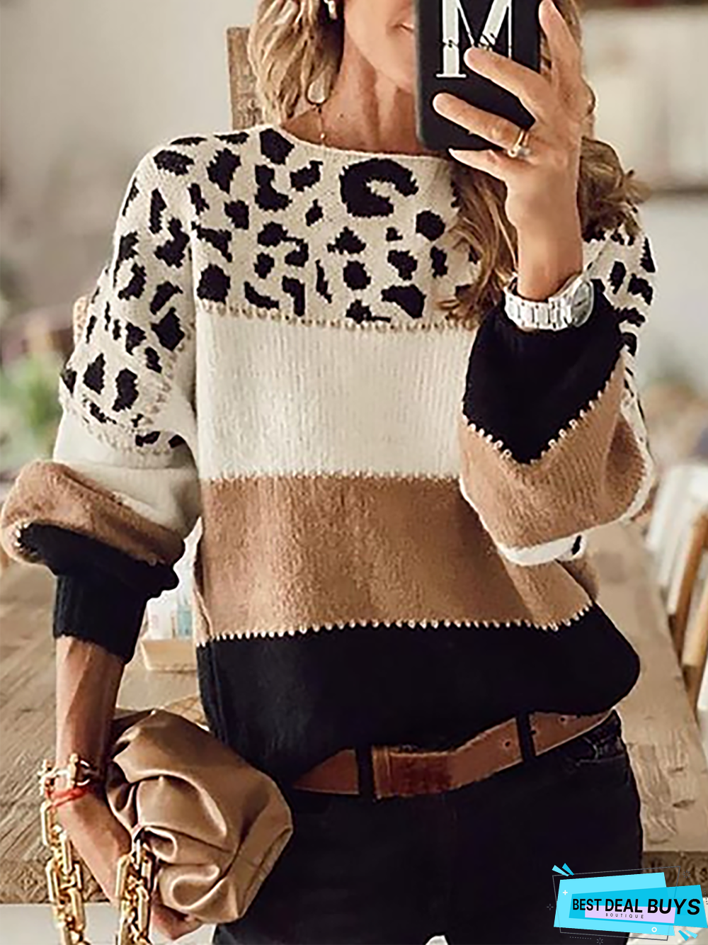 Crew Neck Leopard Long Sleeve Sweater