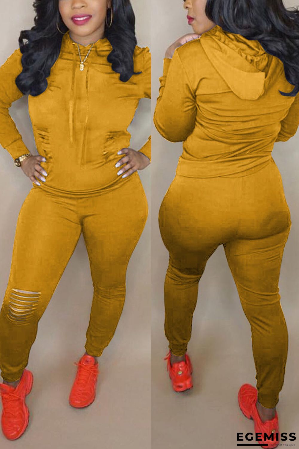 Yellow Fashion Casual Solid Ripped Hooded Collar Plus Size Set | EGEMISS