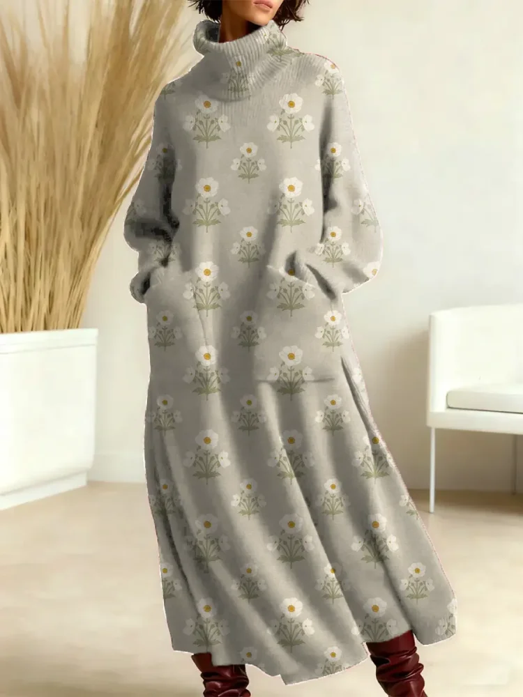 Women's Floral Pattern Art Print Casual Cotton Knitted Dress