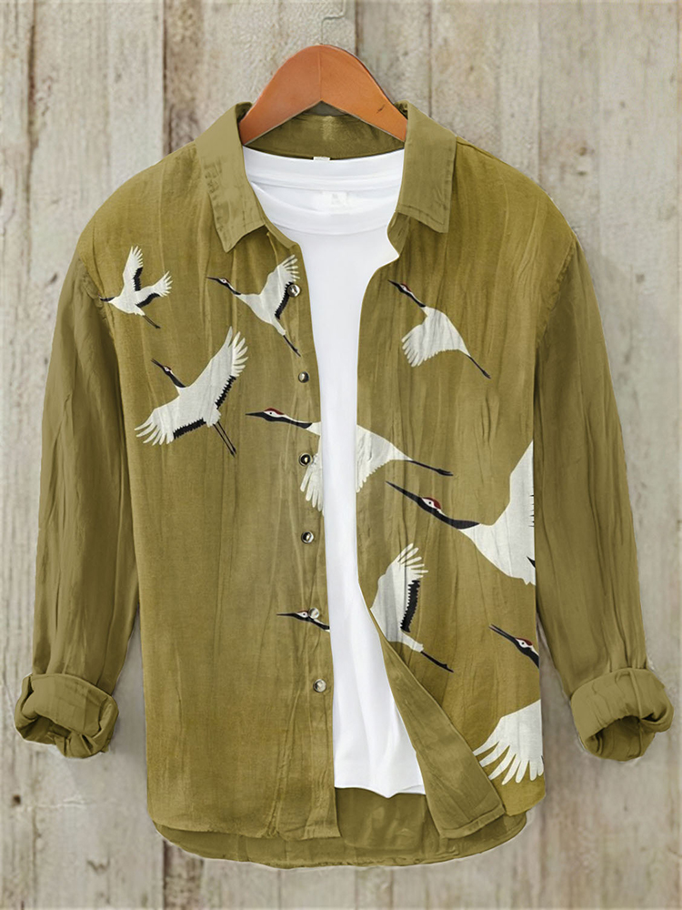 Comstylish Japanese Ukiyoe Crane Painting Vintage Cotton And Linen Shirt