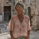 Women's Spring Floral Embroidered Art Flowy Linen Blend Short Sleeve Casual Tops - Image 2