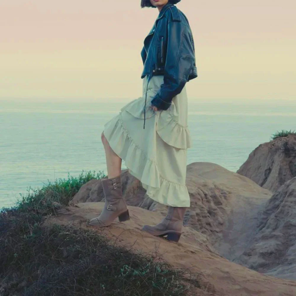 Brown Round Toe Stylish Motorcycle Heel Boots for Women with Buckle