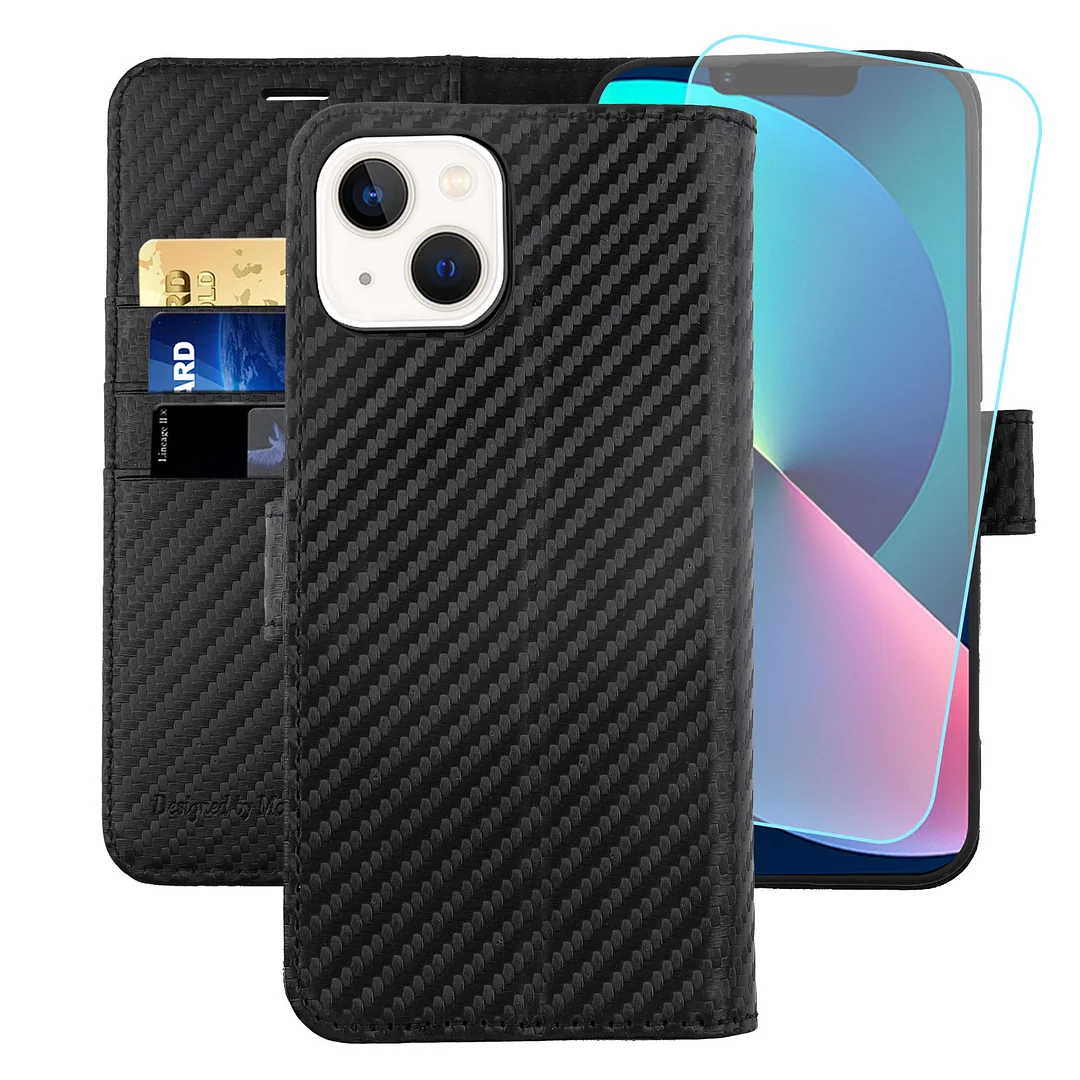 MONASAY Wallet Case for Apple iPhone 14，6.1-inch 5G Carbon Fiber