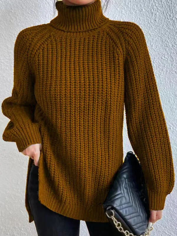 Long Sleeves Loose Solid Color Split-Side High Neck Pullovers Sweater Tops