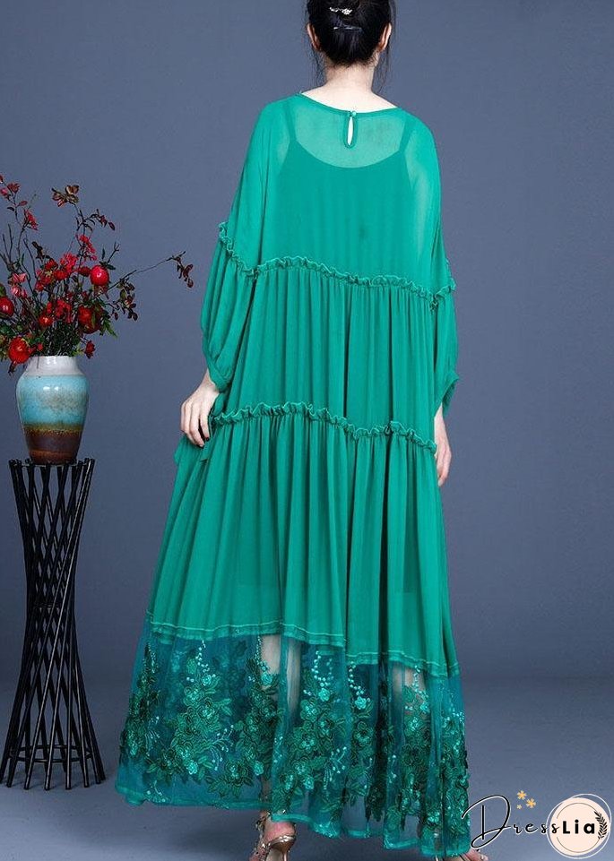Simple Green Patchwork Lace Embroideried Hollow Out Summer Dress