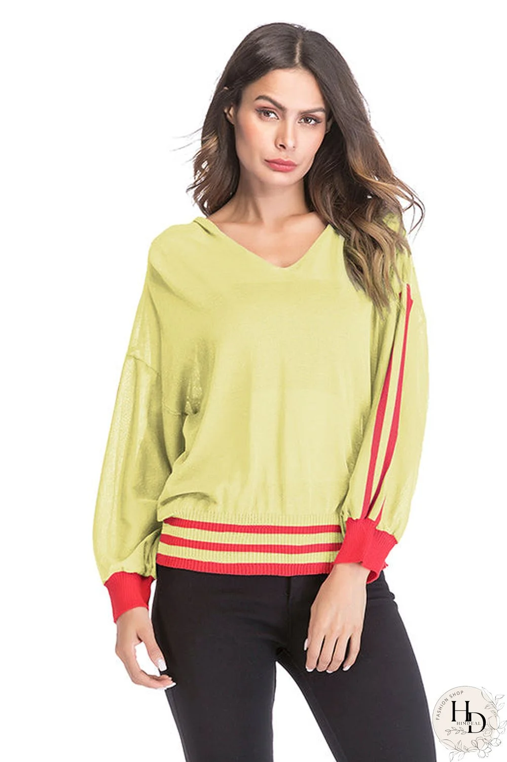 V Neck See Through Striped Blouse