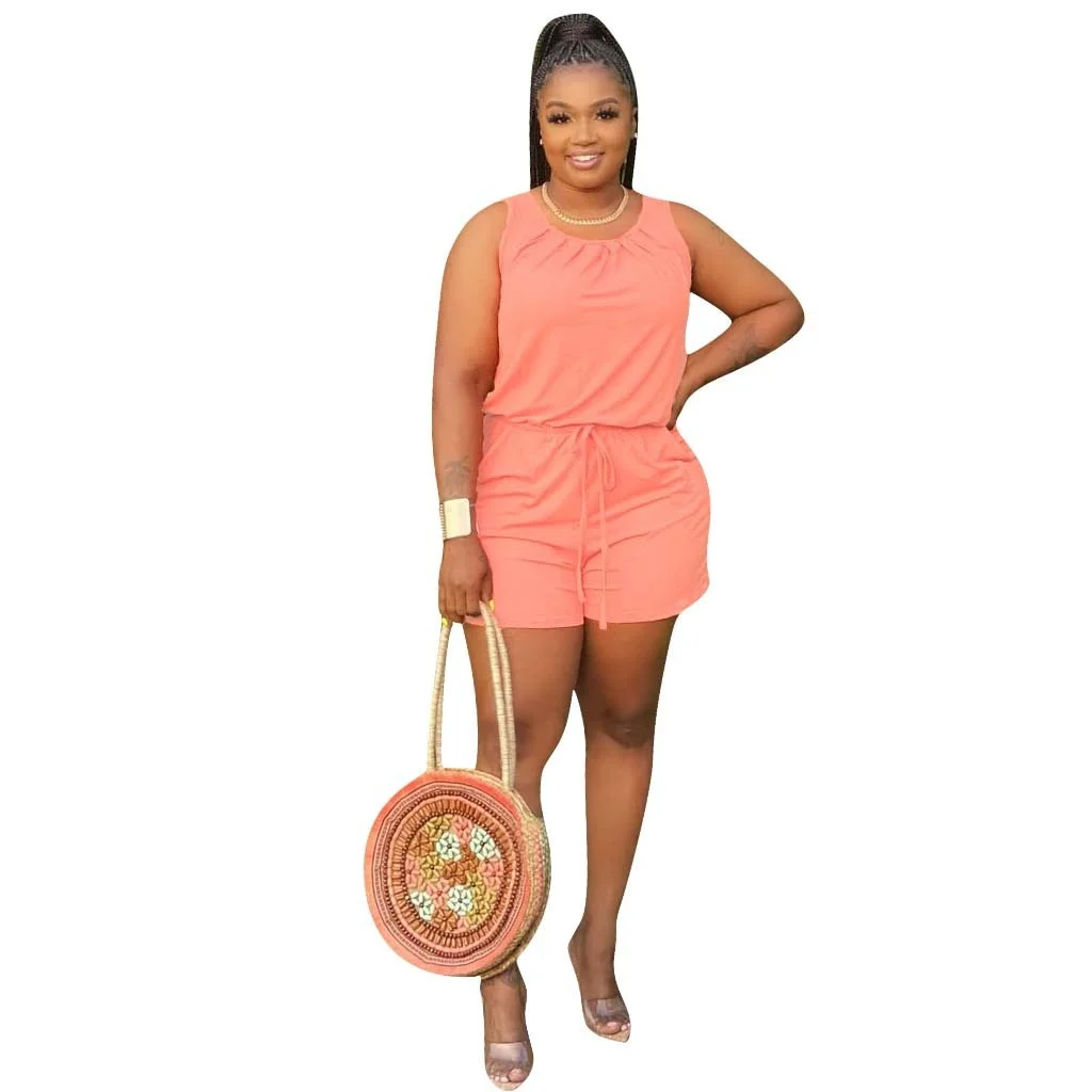 CM.YAYA Solid Sleeveless O-neck Elastic Waist Sport Women Jumpsuits Rompers Beach Holiday One Piece Outfits Playsuit Overalls