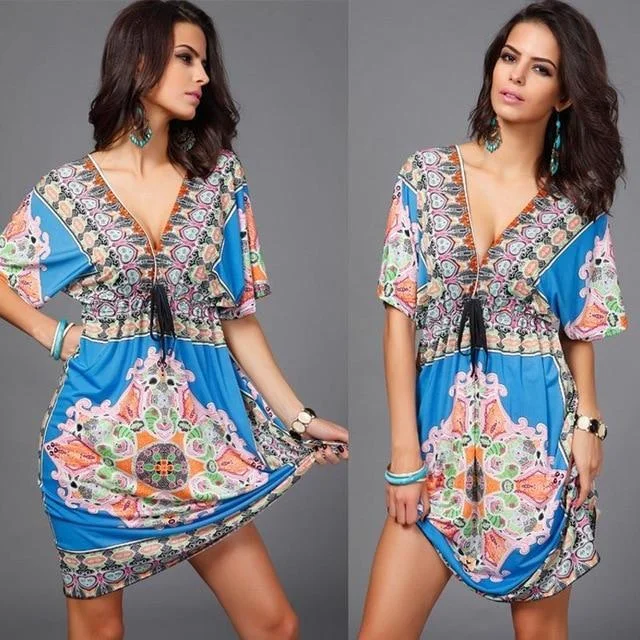 Boho Summer Women Dress Sexy Loose Deep V Neck Dashiki Print Tunic Beach Dresses