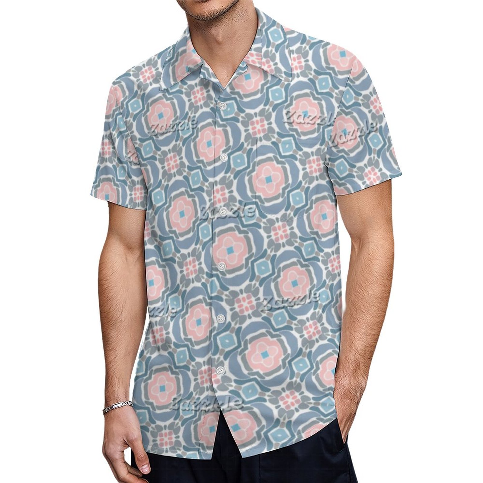 Hip Pastel Coral Blush Blue Gray Floral Tribal Art Hawaiian Shirt Mens Button Down Tropical Hawaii Beach Shirts
