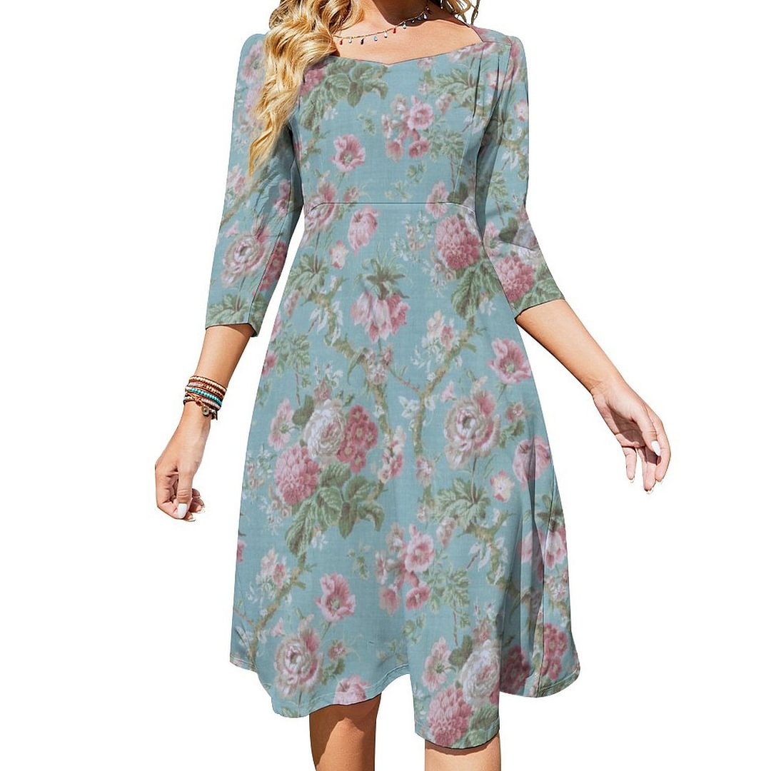 Shabby Elegant Pink And White Floral On Blue Dress Sweetheart Tie Back Flared 3/4 Sleeve Midi Dresses