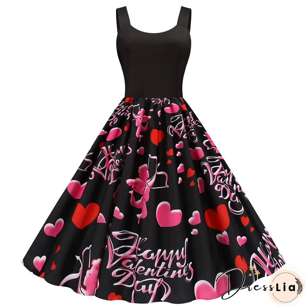 Sweet Heart Print Swing Vintage Women Summer Dress Sexy Halter Retro Rockabilly Rave Party